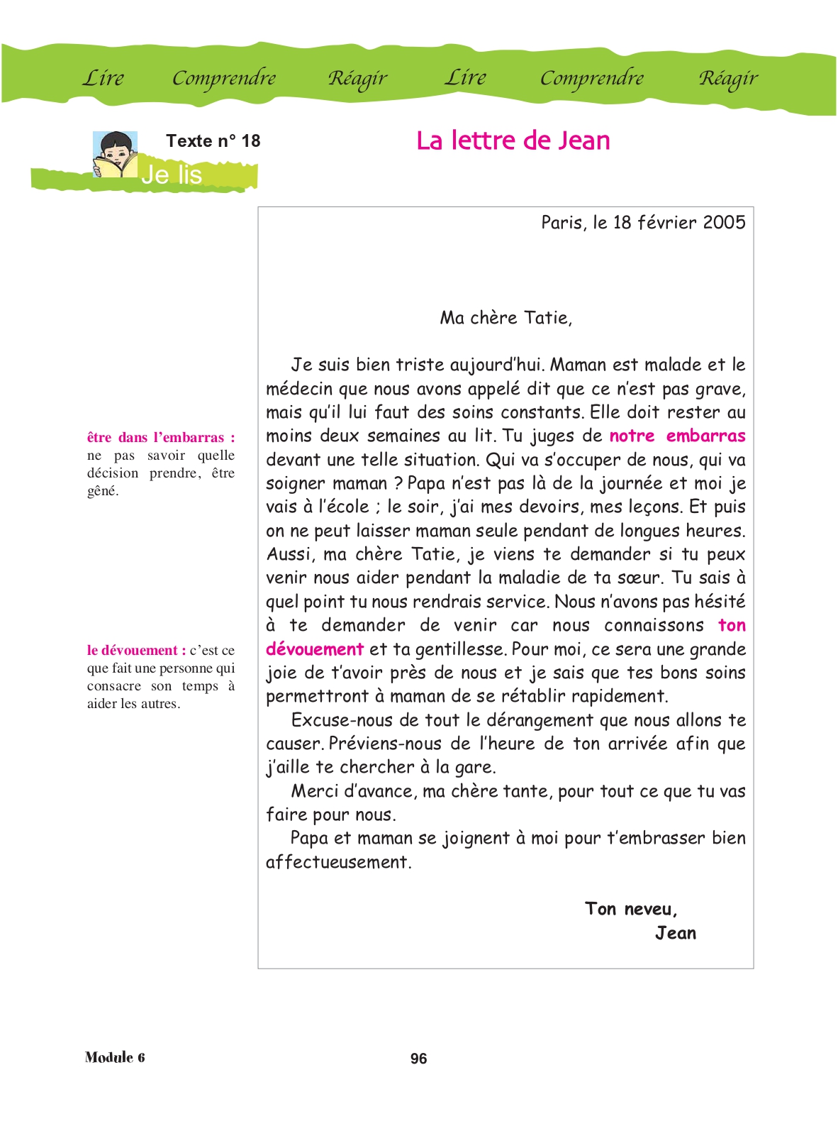 Page 96 du manuel : la lettre complète de Jean à sa tante